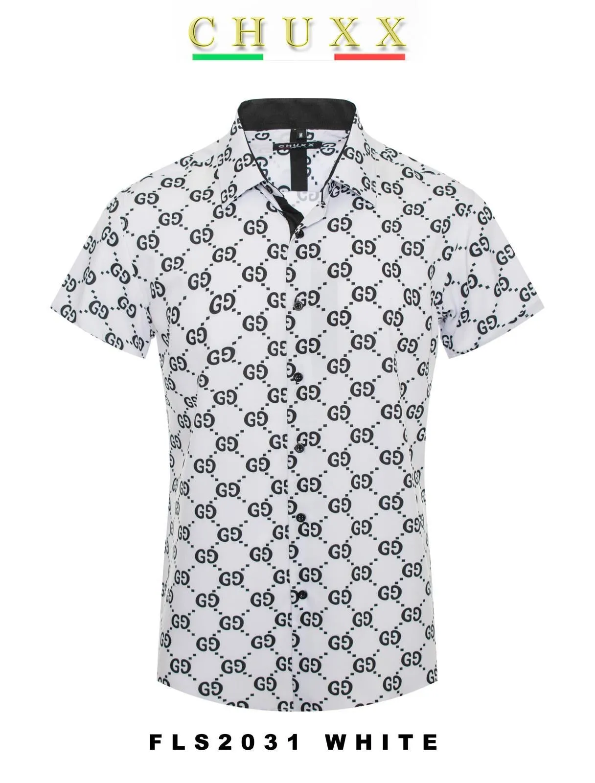 White GG Printed Men's Short Sleeve Graphic Fashion Design Casual Shirt