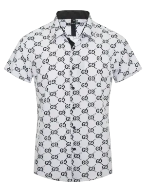 White GG Printed Men's Short Sleeve Graphic Fashion Design Casual Shirt