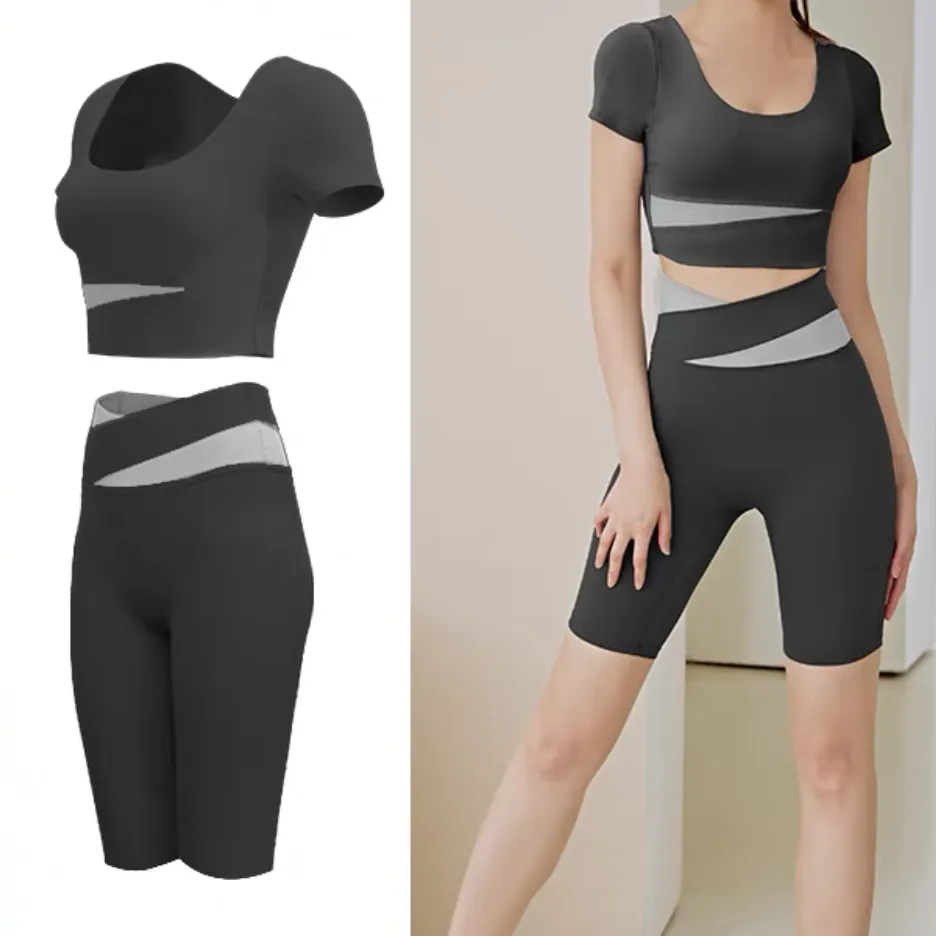 Womens Atheleisure Sports Active Wear Vest Crop Top and Shorts Fitness Yoga Gym Ladies Clothing
