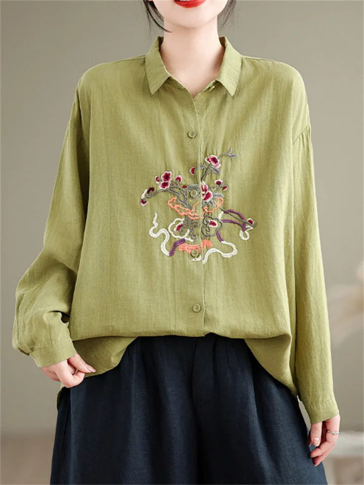 Women's Vibrant Flowers Embroidered Turn-down Collar Shirt