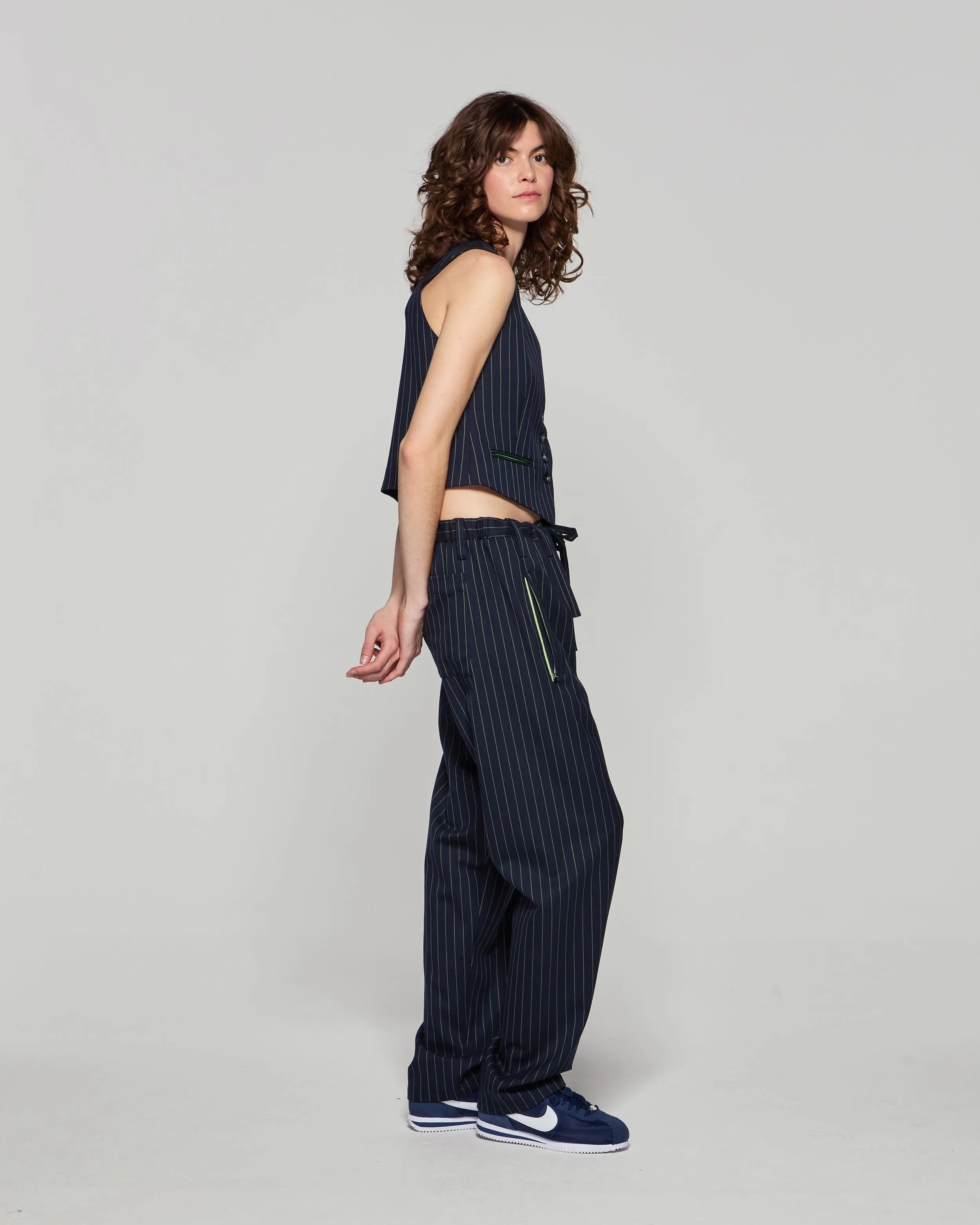 Wool Pinstripe Utility Trouser - Navy/Green